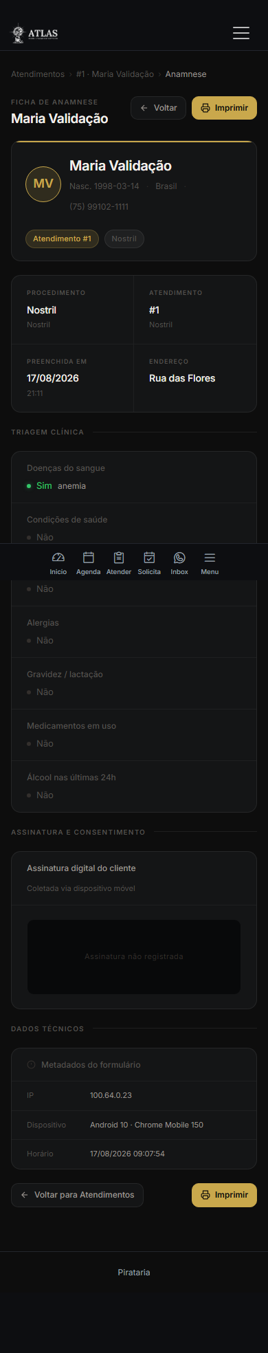 Anamnese digital real do Atlas Ink em celular